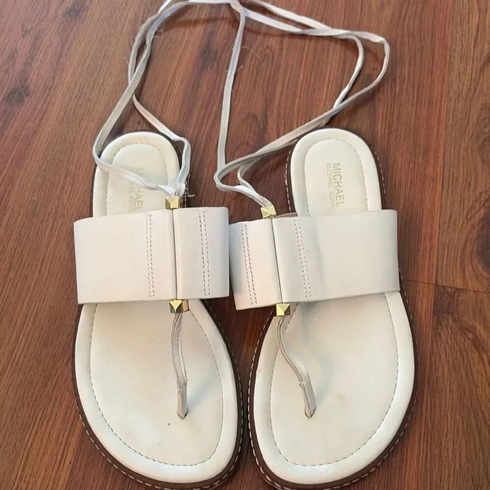 Michael Michael Kors white leather lace up sandals, gold trim, hardware size 6.5